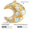 Golden stainless steel moon pendant with blue marble texture and star cutout - Light Blue Marble Moon (PJ93506B)