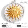 Waterproof stainless steel sun pendant with gold relief face and silver disc finish - Two-Tone Metal Sun Pattern Pendant (PJ93510)