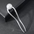 Minimalist silver U-shaped hair pin featuring a large white lustrous pearl for elegant styling - Silver
