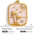 Stainless steel rectangular charm with 18K gold palm tree design and pink marble inlay - Pink Texture Tropical Landscape Style (PJ93670DG)