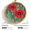 18K gold plated stainless steel round pendant with red poppy flower enamel charm - Red Poppy Flower Circular Style (PJ93698)