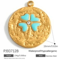 18K gold plated stainless steel 16mm round pendant with blue clover and zircon - Light Blue Clover Hammered Style (PJ93712B)