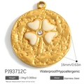 Golden stainless steel round pendant with white enamel clover and hammer texture - Cream White Clover Hammered Style (PJ93712C)