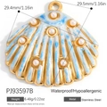 Goldener Edelstahl Muschelanhänger mit blauem Emaille und kleinen Perlen, 29,5 mm hoch - Blau-Weiß Emaille Perle Jakobsmuschel Anhänger (PJ93597B)