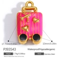 Pink enamel suitcase pendant with golden airplane design in hypoallergenic stainless steel - Pink Luggage Style (PJ93543)