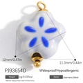 White and blue floral stainless steel pendant with gold ring and bottom bead detail - White Blue Patterned Flower (PJ93654D)
