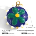 Blue enamel sphere pendant with green flower pattern in stainless steel for jewelry DIY - Deep Blue Flower Ball(PJ93643)
