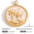Gold plated stainless steel round charm with pink enamel tropical coconut tree design - Palm Tree Pink Disc (PJ92807C)