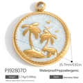 18K gold-plated stainless steel round pendant with embossed palm tree and island design - Palm Tree Blue Disc (PJ92807D)