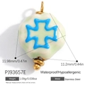 Light green ceramic heart charm with blue cross and waterproof golden steel ring - Light Blue Cross Flower (PJ93657E)