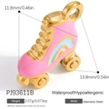 Anhänger in Rollschuh-Form aus Edelstahl mit pinker Emaille und Gold-Finish - Rosa-Blau Gestreifter Rollschuh Anhänger (PJ93611B)