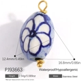 Blue floral porcelain bead charm with gold stainless steel finish for DIY necklaces - Blue White Porcelain Oval (PJ93663)