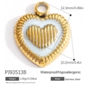 Golden heart-shaped stainless steel pendant with white rippled center and grooved edges - Double Layer Heart (PJ93513B)
