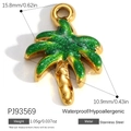 Waterproof gold plated stainless steel palm tree pendant with green glitter enamel - Glitter Coconut Tree (PJ93569)