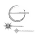 Détail de pinces à cheveux argentées avec formes lune et étoile et cristaux brillants - Style Étoile Lune Argent Antique (C4424)
