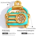 Vintage radio charm in 18K gold plated stainless steel with turquoise enamel and zircon - Green Radio Style (PJ93581)