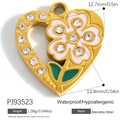 18K gold plated stainless steel heart pendant with pink enamel flower and crystals - Floral Heart (PJ93523)