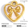Pink heart pendant with gold bow and stainless steel frame shown with dimensions - Pink Bow Heart (PJ93529A)