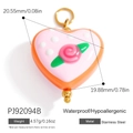 Pink heart-shaped glass pendant with pink roses and golden stainless steel hoop - Pink Polka Dot Rose Heart(PJ92094B)