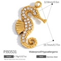 Golden stainless steel seahorse charm with sparkling rhinestones and scale texture - Diamond Seahorse (PJ93531)
