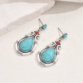 Bohemian retro drop earrings with turquoise stones and vintage silver leaf pattern - Stud Earrings / Antique Silver/Turquoise