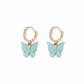Eleganti orecchini a cerchio dorati con farfalle glitter blu chiaro e zirconi brillanti - Blu Lago Luccicante