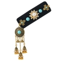 Fermaglio etnico per capelli con turchese, perla e ciondoli a nappina vintage - Oro