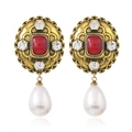Vintage Baroque earrings with red gemstone and white pearl drops in golden finish - Gold