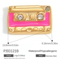 18K vergoldeter Edelstahl Retro-Kassettenanhänger mit rosa Emaille und Kristallen - Retro Rosa Kassetten Anhänger (PJ93121B)