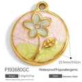 Pendentif floral rond en acier inoxydable avec pétales roses et détails de feuilles - Fleur Rose et Verte (PJ93680GC)