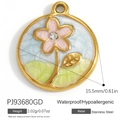 Pendentif fleur rose en acier inoxydable plaqué or 18 carats avec zircon et émail coloré - Floral Bleu et Rose Frais (PJ93680GD)