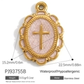 Pendentif ovale en acier inoxydable doré avec croix florale rose hypoallergénique - Croix Ovale Nacrée Rose (PJ93755B)
