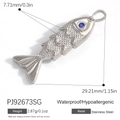 Hypoallergenic silver stainless steel fish pendant with blue gemstone eye detail - Stainless Steel Silver Fish Blue Eye (PJ92673SG)