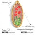 Oval stainless steel pendant with red floral patterns and gold-tone beaded edges - Stainless Steel Oval Pink Flower Style (PJ93742)