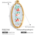Oval stainless steel pendant with blue base and red floral embroidery jewelry charm - Stainless Steel Oval Blue Background Flower Style (PJ93744)