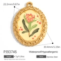 Golden stainless steel oval pendant with protea flower and red star enamel detail - Stainless Steel Oval Protea Style (PJ93746)