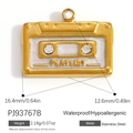 Pendentif cassette en acier inoxydable doré avec gravure Playlist et petits cristaux - Cassette Vintage Blanc Nacré (PJ93767B)