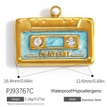 Pendentif cassette vintage en acier inoxydable doré 18k avec détails à paillettes bleues - Cassette Vintage Bleue (PJ93767C)