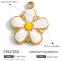 Pendentif fleur en acier inoxydable plaqué or 18k avec émail blanc et dimensions - Fleur Blanche à Cœur Jaune (PJ93768B)