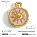 Pendentif soleil en acier doré avec incrustation rose et rayons gravés 12.9mm x 10mm - Plaque Ronde Soleil Rose Clair (PJ93771C)