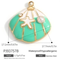 Waterproof stainless steel turquoise shell pendant with starfish and pearl detail - Stainless Steel Green Shell Star Style (PJ93757B)