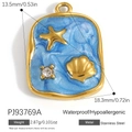 Blue ocean shell and starfish pendant in gold stainless steel frame with zircon - Stainless Steel Blue Sea Square Style (PJ93769A)