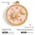 Pendentif céleste en émail rose pailleté et acier inoxydable plaqué or 18k - Étoile et Lune Pailletées Roses (PJ93777A)