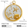 Golden stainless steel ocean pendant with starfish and pearl detail for DIY jewelry - Stainless Steel Ocean Relief Circle B (PJ93774B)