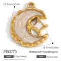 Pendentif lune et étoiles en acier inoxydable doré avec émail blanc pailleté - Lune et Étoile Pailletées Blanches (PJ93779)