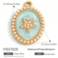 Golden stainless steel oval pendant with blue glitter background and white pearl border - Stainless Steel Blue Pearl Star Style (PJ93782B)