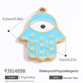 Light blue Hamsa Hand pendant in 18k gold-plated stainless steel with evil eye detail - Light Blue Enamel Hamsa Hand (PJ91489B)