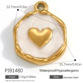 Waterproof heart-embossed gold stainless steel pendant charm with white enamel base - Heart Relief (PJ91480)