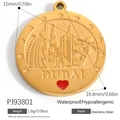 Golden stainless steel Dubai skyline charm pendant with embossed Burj Al Arab and red heart - Stainless Steel Dubai City Style (PJ93801)