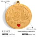 Golden stainless steel Barcelona city round charm with red heart and star relief - Stainless Steel Barcelona City Style (PJ93802)